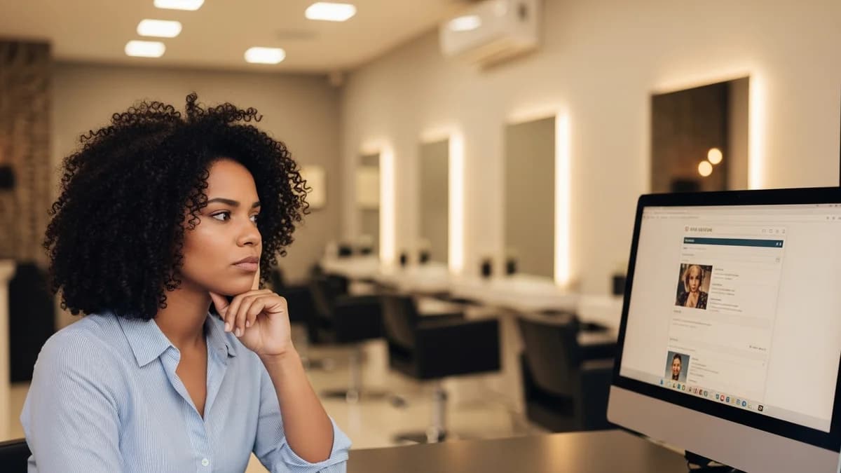 Dono de negócio brasileiro verificando avaliações do Google no celular com expressão de dúvida