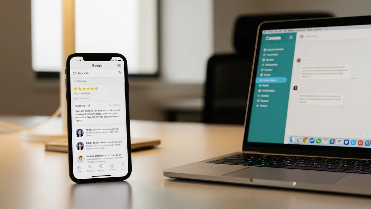 Dono de negócio local olhando avaliações no celular com ícones de IA ao fundo