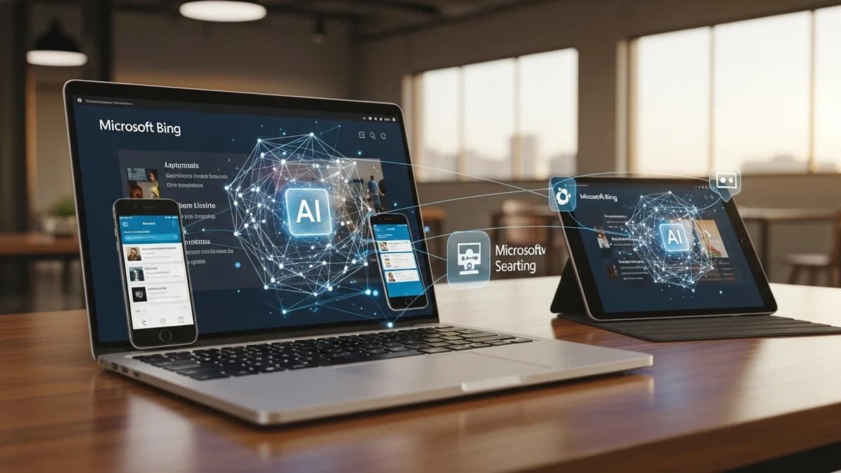 Tela de computador mostrando Bing Webmaster Tools com dados de visibilidade em IA