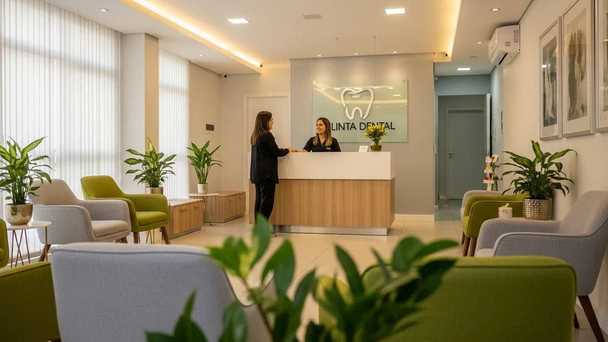 Dentista brasileiro analisando dados de pacientes no computador do consultório