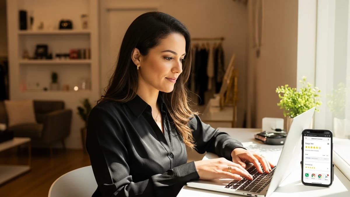 Dona de salão respondendo avaliações do Google no computador da recepção