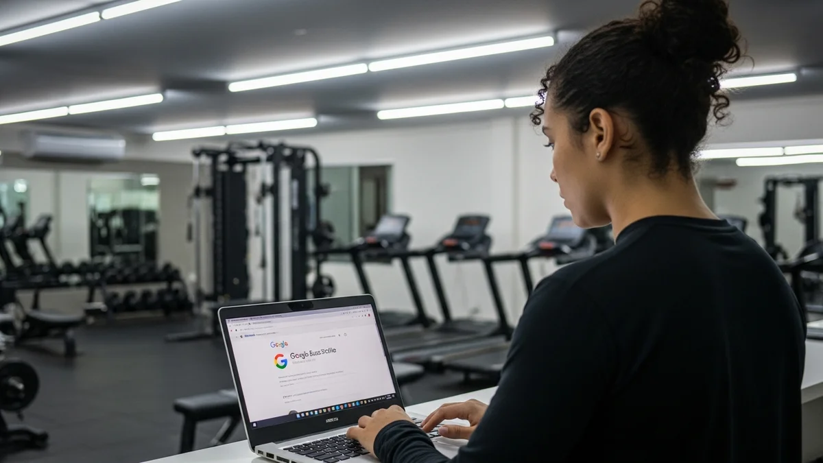 Dono de academia brasileira otimizando o perfil do Google Meu Negócio no computador