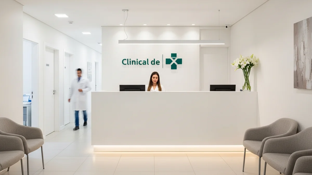 Recepção de clínica médica moderna no Brasil com tela mostrando perfil do Google