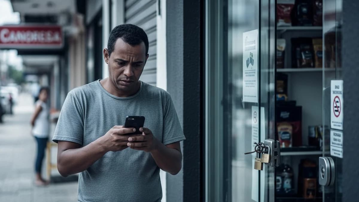 Dono de negócio brasileiro olhando preocupado para a tela do computador com aviso de perfil suspenso no Google